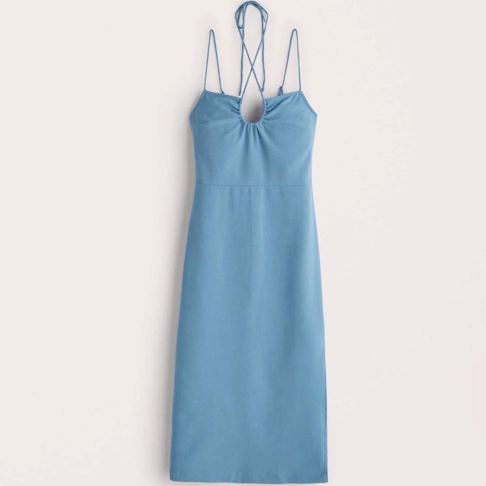 Abercrombie & Fitch Midi Dress Large Tall NWT Blue Halter Tie Neck Straps